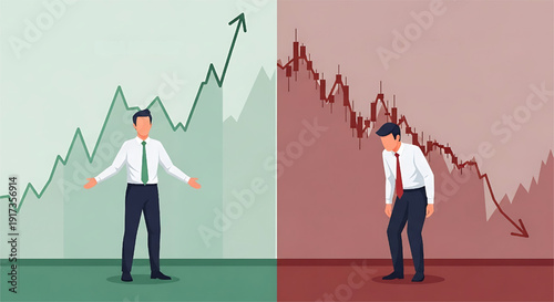 Business Growth and Decline Illustration Showing Profit and Loss with Trader Reactions