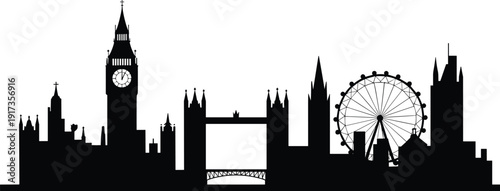 Black silhouette skyline of London featuring Big Ben and the London Eye Keywords: London, skyline, silhouette, Big Ben, London