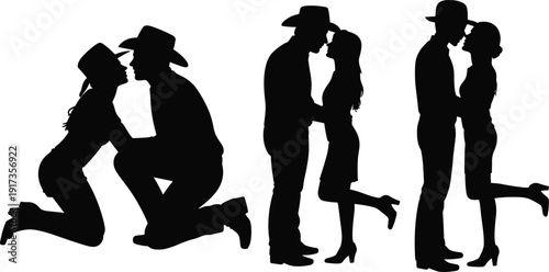Romantic Cowboy Couple Silhouette Set with Western Love Poses Isolated on White Background Vector Illustration Collection