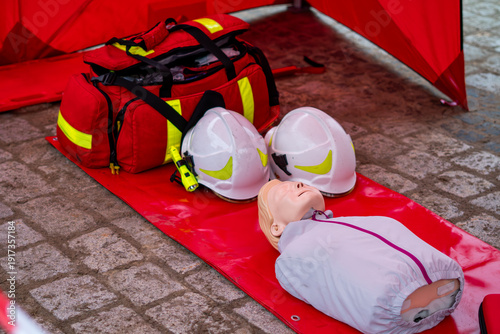 Canvastavla Professional emergency rescue kit with medical bag, safety helmets, and CPR trai