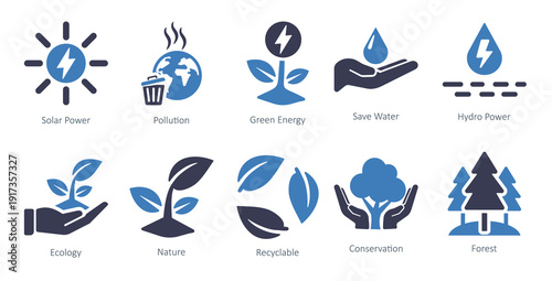  set of 0 ecology icons as save water hydro power solar