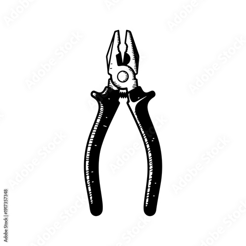 Illustration of a pair of pliers in black and white.
