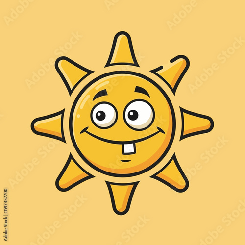 Funny cartoon sun with big eyes and buck teeth, smiling against a plain yellow background