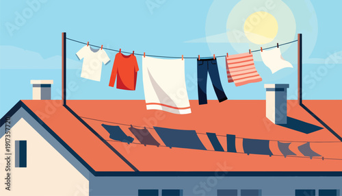 Laundry drying on a clothesline on a sunny rooftop
