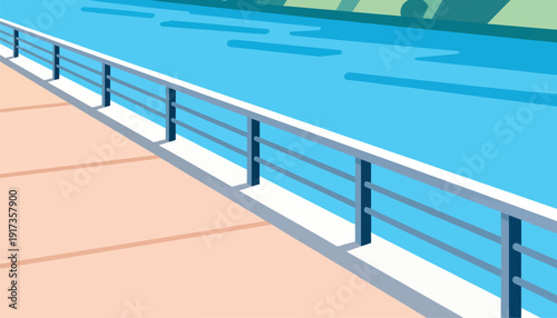 Flat graphic style of a walkway railing next to blue water and a green hill