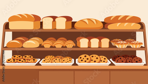 A bakery display filled with loaves of bread, croissants, muffins, and cookies