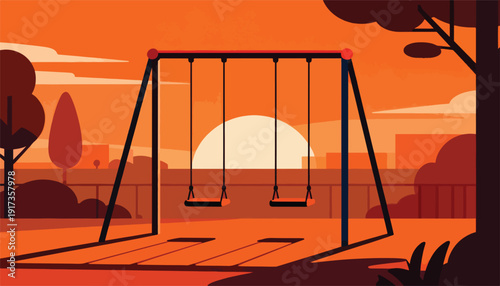 Empty playground swings at sunset, silhouetted trees and urban background
