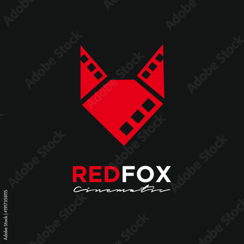 Red Fox Cinematic Logo. Geometric, minimalist fox head design with film strip perforations in vibrant red, accented by white text on a dark background for film production and media branding.