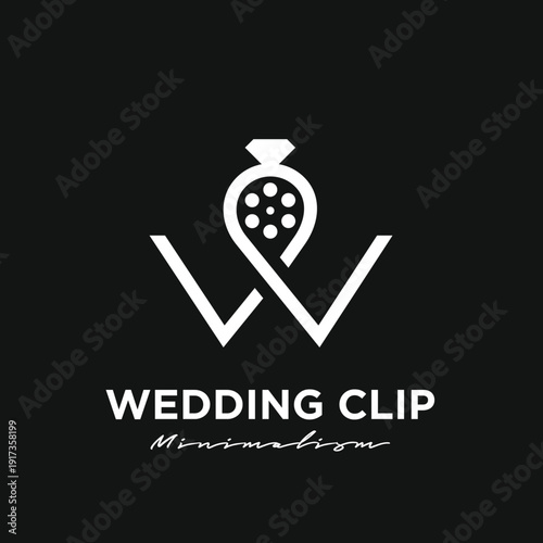 Minimalist Wedding Clip Logo Design with Letter W, Diamond Ring, and Film Reel Icon