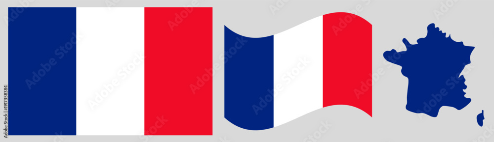 Naklejka premium France National Flag and Map. Official French Republic Emblem Known as the Tricolore Featuring Three Vertical Stripes of Blue, White, and Red with Geographical Country Map Silhouette.