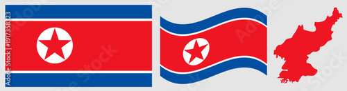 North Korea National Flag and Map. Official Democratic People's Republic of Korea Emblem Featuring a Wide Red Horizontal Band with a White Disc and Red Five-Pointed Star plus Geographical Country Map 
