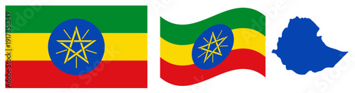 Ethiopia National Flag and Map. Official Federal Democratic Republic of Ethiopia Emblem Featuring Three Horizontal Stripes of Green, Yellow, and Red with a Central Blue Disc and a Golden Pentagram Sta