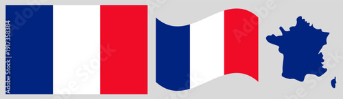 France National Flag and Map. Official French Republic Emblem Known as the Tricolore Featuring Three Vertical Stripes of Blue, White, and Red with Geographical Country Map Silhouette.