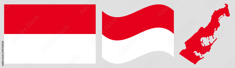 Naklejka premium Monaco National Flag and Map: Official Principality of Monaco Emblem Featuring Two Horizontal Stripes of Red and White with Geographical Country Map Silhouette.