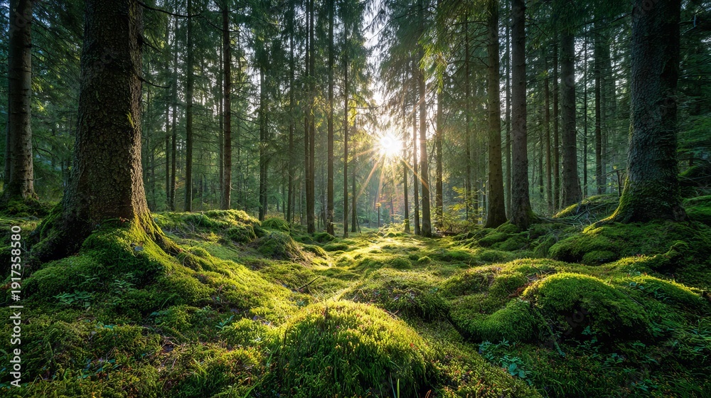 Obraz premium Sunlit green forest with moss covered ground, bright sunlight rays through tall trees, lush woodland outdoors nature background