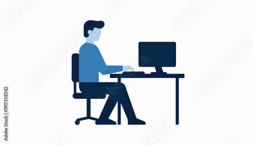 Minimalist depiction of a person at a desk, typing on a computer