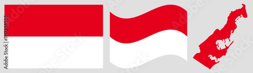 Free Download Monaco National Flag and Map: Official Principality of Monaco Emblem Featuring Two Horizontal Stripes of Red and White with Geographical Country Map Silhouette. - GFXLoad