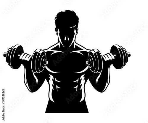 black silhouette of a muscular man lifting dumbbells. This minimalist graphic illustration features a bodybuilder performing bicep curls, emphasizing a powerful physique and defined muscles.