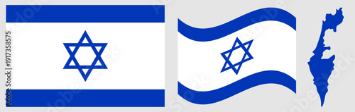 Israel National Flag and Map. Official State Emblem Featuring Two Blue Horizontal Stripes on a White Field with a Central Blue Star of David and Geographical Country Map Silhouette.