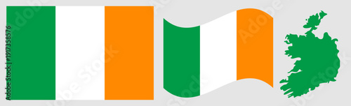 Ireland National Flag and Map. Official Republic of Ireland Emblem Featuring Three Vertical Stripes of Green, White, and Orange with Geographical Country Map Silhouette.