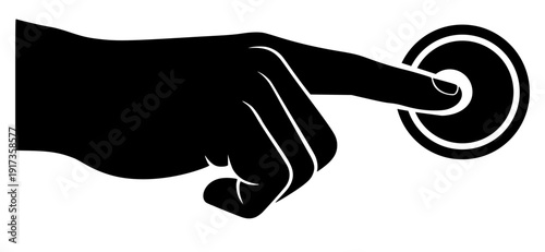 black silhouette of a hand pressing a button. This minimalist graphic illustration features a pointed index finger activating a circular button or doorbell, symbolizing action, starting a process.