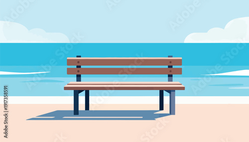 Wooden bench on a sandy beach facing a tranquil blue ocean