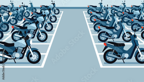 Rows of blue motorcycles parked in designated spots