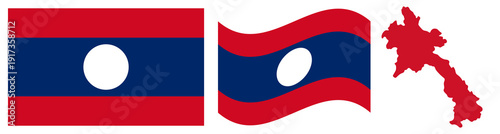 Laos National Flag and Map. Official Lao People's Democratic Republic Emblem Featuring Three Horizontal Stripes of Red and Blue with a White Central Disc and Geographical Country Map Silhouette.