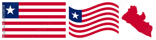 Liberia National Flag and Map. Official Republic of Liberia Emblem Featuring Eleven Horizontal Stripes of Red and White with a Blue Square Canton Containing a White Five-pointed Star and Geographical 