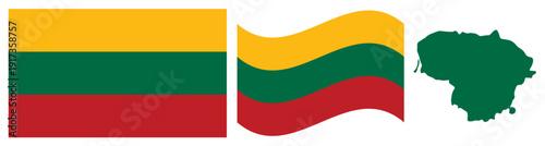 Free Download Lithuania National Flag and Map. Official Republic of Lithuania Emblem Featuring Three Horizontal Stripes of Yellow, Green, and Red with Geographical Country Map Silhouette. - GFXLoad