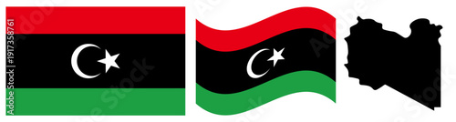 Libya National Flag and Map. Official State Emblem Featuring Three Horizontal Stripes of Red, Black, and Green with a White Crescent and Star on the Central Black Band and Geographical Country Map Sil