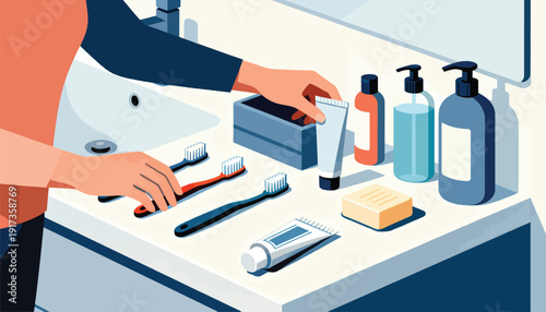 Hand reaching for a tube of toothpaste near toothbrushes, soap, and bottles