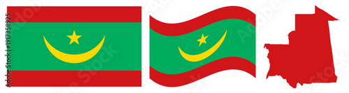 Mauritania National Flag and Map. Official Islamic Republic of Mauritania Emblem Featuring a Green Field with Red Horizontal Stripes at Top and Bottom and a Central Golden Crescent and Star with Geogr