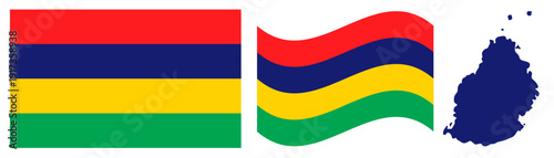 Free Download Mauritius National Flag and Map. Official State Emblem Featuring Four Horizontal Stripes of Red, Blue, Yellow, and Green with Geographical Island Map Silhouette Graphic. - GFXLoad