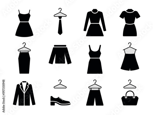 A collection of black silhouettes of various clothing items and accessories on a white background