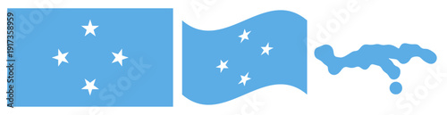 Federated States of Micronesia National Flag and Map: Official State Emblem Featuring a Light Blue Field with Four White Five-pointed Stars Arranged in a Diamond Pattern and Geographical Island Chain 