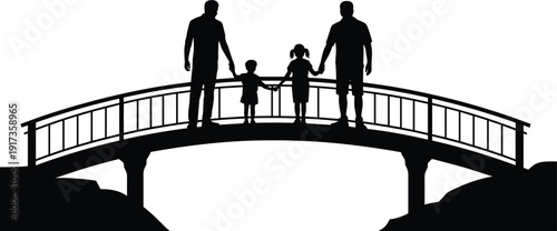 Silhouette of a Family Crossing a Bridge Against White Background parents children