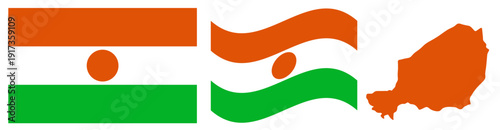 Niger National Flag and Map. Official Republic of Niger Emblem Featuring Three Horizontal Stripes of Orange, White, and Green with a Central Orange Disk and Geographical Country Map Silhouette.