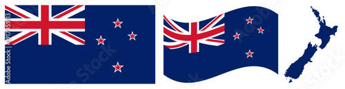 New Zealand National Flag and Map. Official State Emblem Featuring a Royal Blue Field with the Union Jack in the Canton and Four Red Five-pointed Stars Outlined in White Representing the Southern Cros