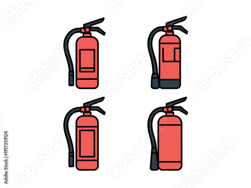 A set of red fire extinguishers on a white background for safety and emergency purposes