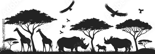 African Safari Wildlife Silhouette Vector Scene with Giraffes, Rhinoceros, Trees and Birds in Savanna Landscape Illustration