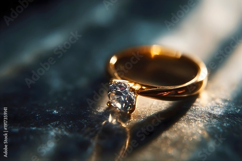 Golden wedding rings with diamond on dark marble surface with sunlight