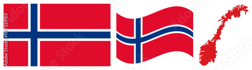 Norway National Flag and Map. Official Kingdom of Norway Emblem Featuring a Red Field with a Blue Nordic Cross Outlined in White and Geographical Country Map Silhouette.