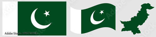 Pakistan National Flag and Map. Official Islamic Republic of Pakistan Emblem Featuring a Dark Green Field with a White Vertical Band and a White Crescent and Five-pointed Star with Geographical Countr