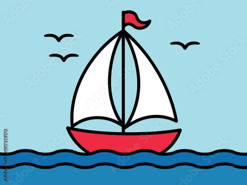 A cartoon sailboat floats peacefully on calm waters under a clear blue sky with birds flying overhead.