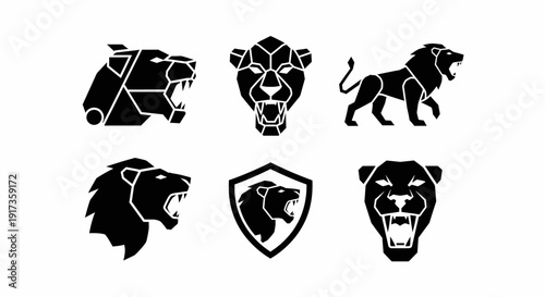 Set of Black Lion Head and Body Icons Isolated on White