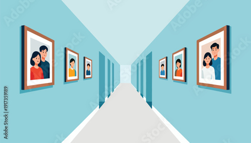 A bright hallway with framed portraits of smiling couples on a pale blue wall