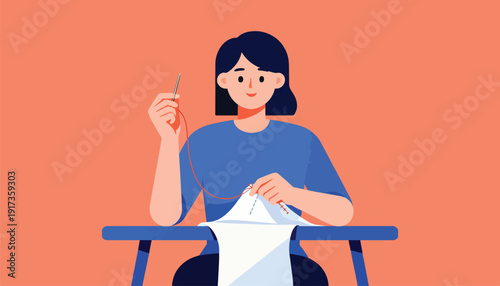 Woman sewing with needle and red thread on a white fabric