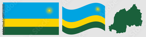 Rwanda National Flag and Map. Official Republic of Rwanda Emblem Featuring Three Horizontal Stripes of Blue, Yellow, and Green with a Golden Sun Symbol and Geographical Country Map Silhouette.