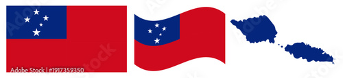 Samoa National Flag and Map. Official Independent State of Samoa Emblem Featuring a Red Field with a Blue Canton Containing Five White Stars of the Southern Cross and Geographical Island Map Silhouett